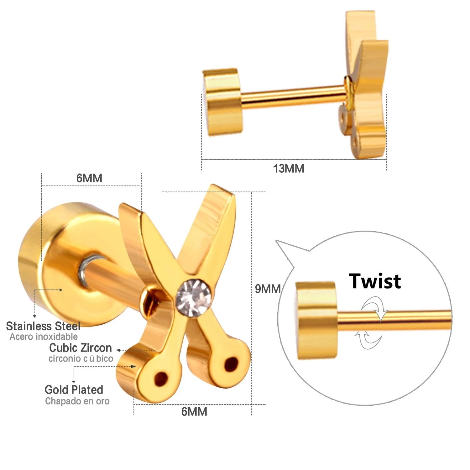 Beletriz Snippy Scissors Flat Back Studs