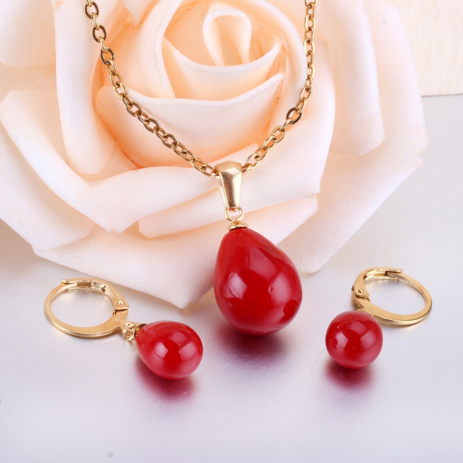 Belle Red Pearl Drop Set | Buy Set or Individual
