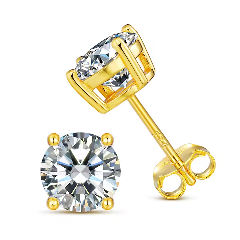 1 Carat Moissanite Stud Earrings in Four-Prong Bull Head Setting, in 18K Gold Overlay Sterling Silver