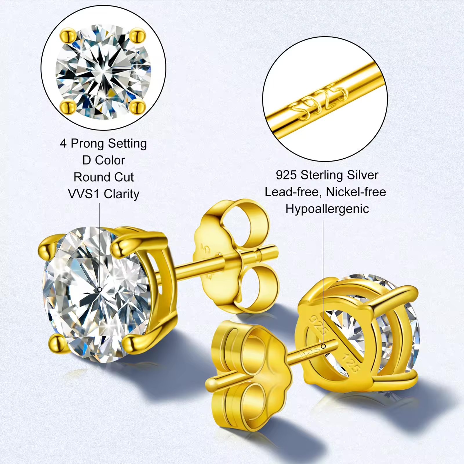 1 Carat Moissanite Stud Earrings in Four-Prong Bull Head Setting, in 18K Gold Overlay Sterling Silver