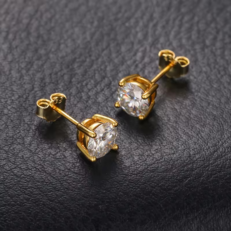 1 Carat Moissanite Stud Earrings in Four-Prong Bull Head Setting, in 18K Gold Overlay Sterling Silver