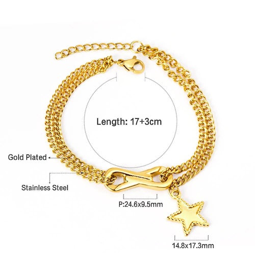 Eena Double Chain Star Charm Bracelet | Waterproof 18K Gold