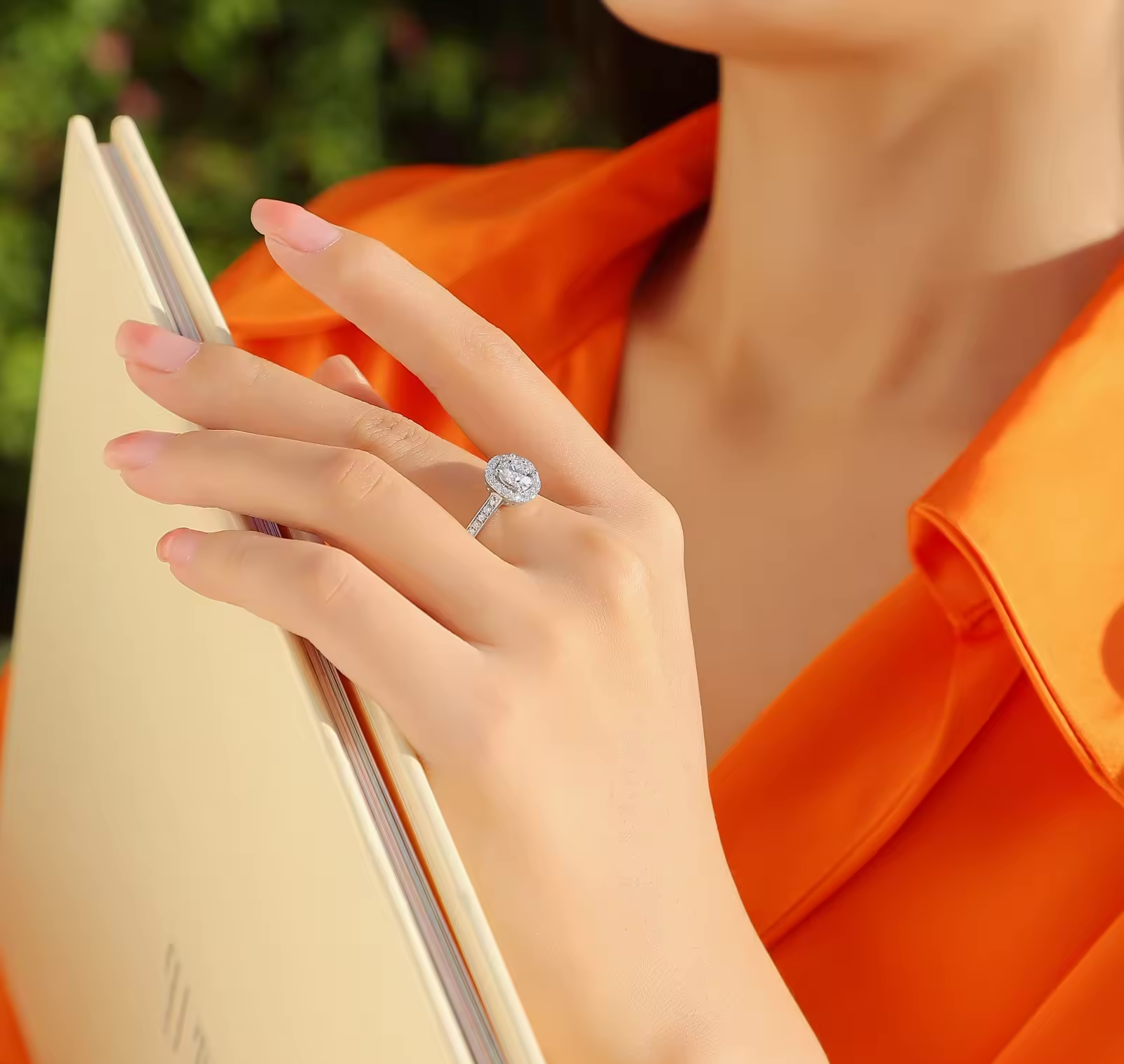 1 Carat Solitaire Moissanite Halo Ring with Pavé Side Stones, Platinum Overlay Sterling Silver - Adjustable Size